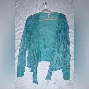 Chico’s Women's Teal Metallic Open-Front Cardigan